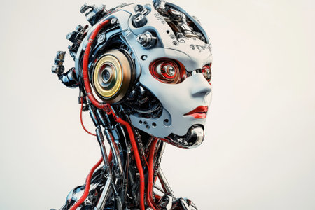 A humanoid robot with a sleek design features complex mechanics and a realistic face, blending technology with artistry.の写真素材
