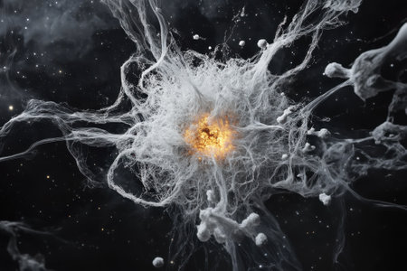 Bright energy bursts through swirling clouds, creating a stunning cosmic explosion in the universe's depths.の写真素材