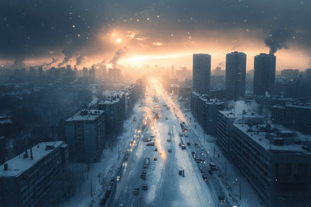 Snow blankets the city as vehicles navigate the icy road under a dramatic sunset sky.の写真素材