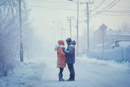 A couple stands closely together in a snowy street, wrapped in warm clothing amidst falling snow.の写真素材