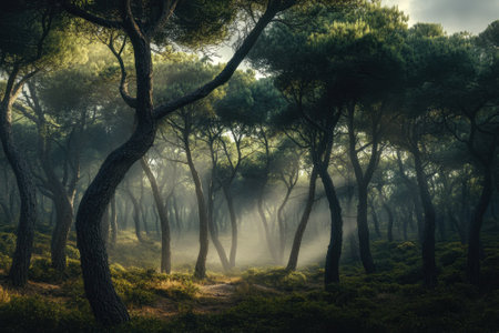 Mist rises from the ground as sunlight streams through the trees in a tranquil forest setting.の写真素材