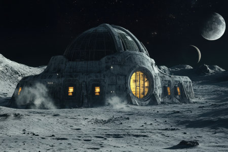 A unique lunar habitat with glowing windows is seen against the dark sky and distant celestial bodies.の写真素材