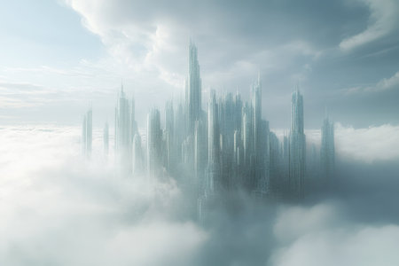 A modern cityscape features tall glass skyscrapers emerging from a sea of clouds under a cloudy sky.の写真素材