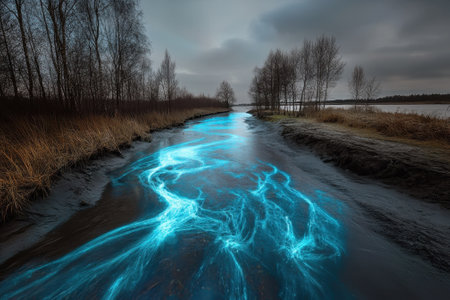 A river glows with bright blue bioluminescence, contrasting against a gray sky and surrounding trees.の写真素材