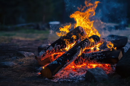 Bright flames dance around burning logs, creating a cozy atmosphere under the stars in the forest.の写真素材