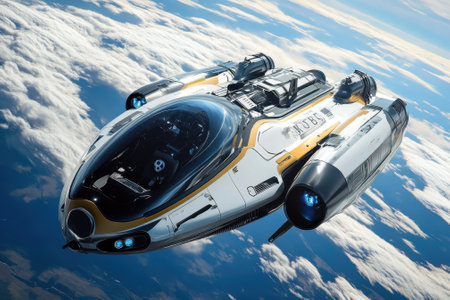 A sleek craft glides above fluffy white clouds, reflecting sunlight in a futuristic scene.の写真素材