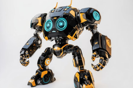 A detailed robot model stands confidently in a well-lit studio, showing its intricate design and colors.の写真素材