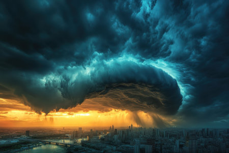 Dark storm clouds swirl ominously above a city skyline as the sun sets, casting a golden glow on the buildings.の写真素材