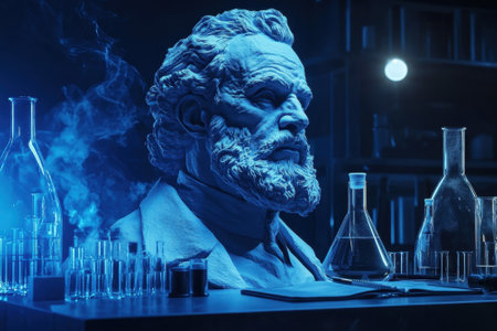 A detailed sculpture of a philosopher stands amidst glass beakers and flasks, shrouded in blue light.の写真素材