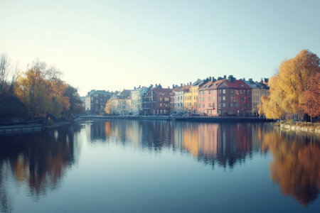 Colorful buildings line the tranquil lake, surrounded by golden autumn trees under a clear sky.の写真素材