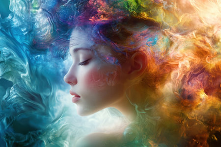Bright colors swirl around a young woman's profile, showing an artistic blend of imagination and creativity.の写真素材