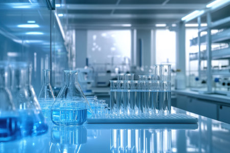 Glass flasks and test tubes filled with liquids are neatly arranged in a contemporary laboratory setting.の写真素材