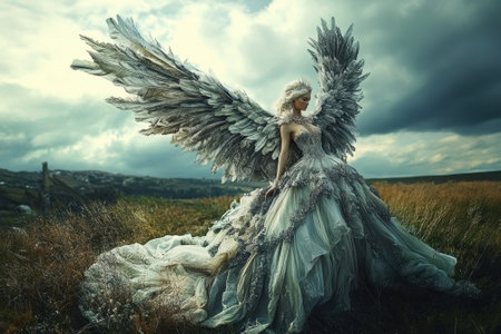 A graceful figure with expansive wings poses in a lush field, surrounded by a dramatic sky and distant hills.の写真素材