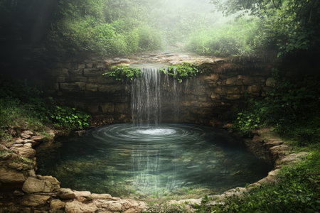 Water flows gently from a waterfall into a clear pool, framed by verdant foliage in the morning fog.の写真素材