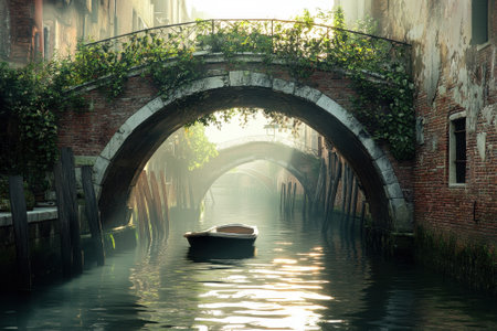 A peaceful canal in Venice features a small boat gliding beneath an aged brick bridge surrounded by greenery.の写真素材