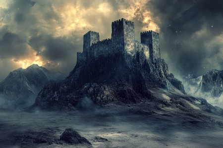 A dark, foreboding fortress rises on a rocky mountain beneath swirling, ominous clouds.の写真素材