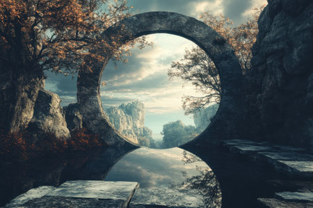 A stone circle frames a tranquil landscape with mountains, water, and autumn foliage during twilight.の写真素材