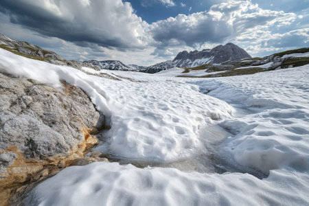 Snow blankets the rocky landscape, complemented by dramatic clouds and distant mountain peaks.の写真素材
