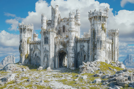 Ruins of a stone castle rise dramatically from the rocky ground, surrounded by lush grass and clouds above.の写真素材