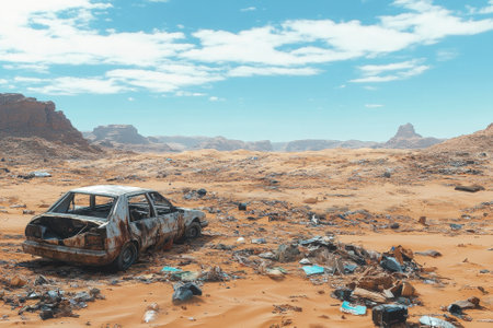 A rusted car sits abandoned in the sandy desert, surrounded by trash and rocky formations under a bright sky.の写真素材