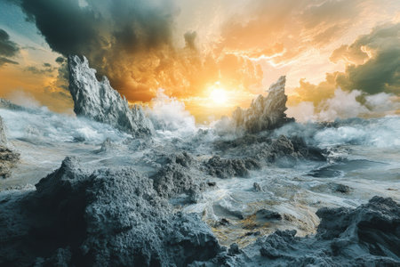 A vast, otherworldly landscape features jagged cliffs and a bright sunset illuminating the clouds.の写真素材