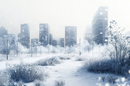 Snow blankets the ground and trees, while tall buildings stand under a gray sky in a peaceful winter scene.の写真素材