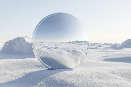 A circular mirror rests on a snowy expanse, reflecting pristine snow and distant mountains under soft light.の写真素材