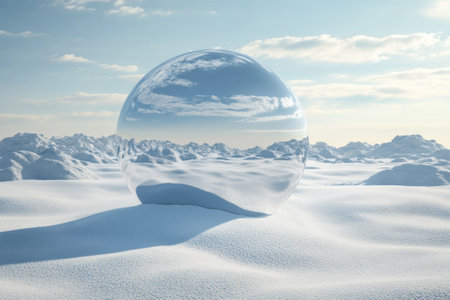 A transparent glass orb sits on a snowy surface, reflecting distant mountains and a cloudy sky above.の写真素材