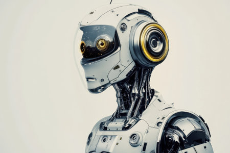 A humanoid robot design showcases intricate details and glowing eyes, embodying advanced technology.の写真素材