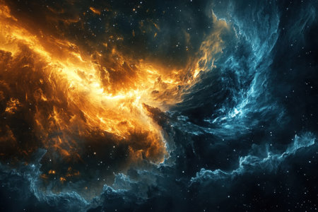 Swirling clouds of orange and blue create a dramatic contrast in an expansive cosmic landscape.の写真素材