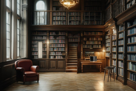 A tranquil library features wooden shelves filled with books, a red armchair, and soft lighting creating warmth.の写真素材