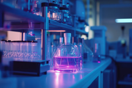 Glassware filled with colorful liquids is arranged on lab benches, highlighting advanced experiments at dusk.の写真素材