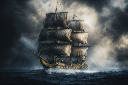 A grand ship with billowing sails bravely sails through turbulent waters amid a dramatic storm.の写真素材