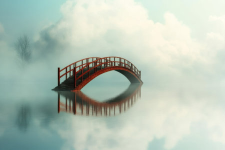 A serene red bridge arches gracefully over still water, blanketed in soft morning fog.の写真素材
