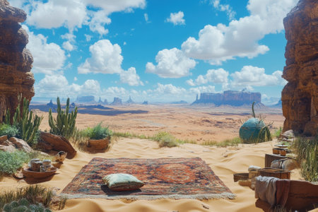 A serene desert landscape features a vibrant rug, cushions, and natural elements in a stunning backdrop.の写真素材