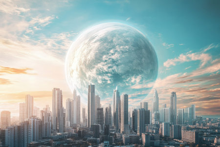 A vibrant city skyline glimmers under a colorful sky while a gigantic planet hovers above the urban landscape.の写真素材