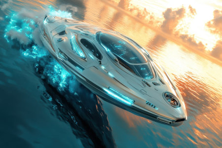 A sleek spaceship navigates over serene water as the sun sets, casting orange and blue hues across the sky.の素材
