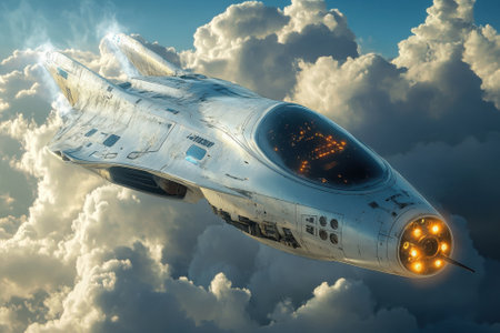 A sleek spaceship navigates through fluffy clouds under a blue sky, showcasing advanced technology and design.の写真素材