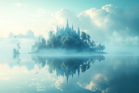 Serenity envelops a stunning castle on an island, shrouded in mist, reflecting softly in tranquil waters.の写真素材