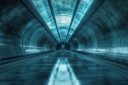A long tunnel features sleek metallic walls and bright blue lighting, creating an otherworldly atmosphere.の写真素材