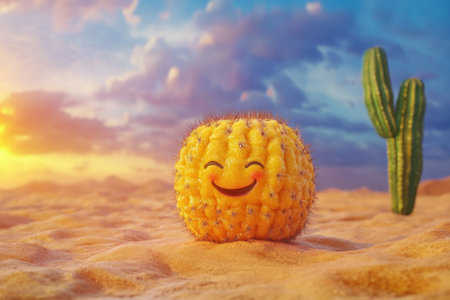 A cheerful pineapple character sits on sandy terrain next to a cactus during a colorful sunset.の写真素材