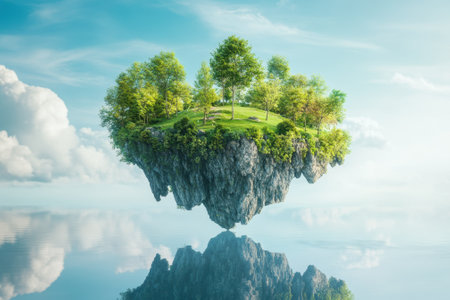 A serene floating island features vibrant trees and grassy areas, reflecting on calm water beneath a clear sky.の写真素材