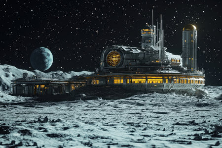 A detailed lunar base stands prominently on the moon's surface, illuminated against a starry night with Earth visible.の写真素材