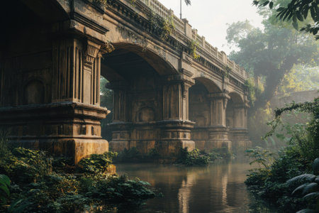 A weathered stone bridge arches over a calm river, enveloped by dense foliage as morning light breaks through.の写真素材