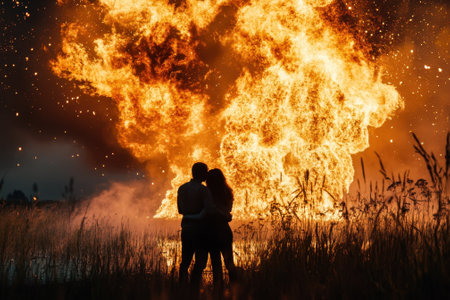 A couple stands close together as a massive fireball erupts behind them, illuminating the night sky.の写真素材