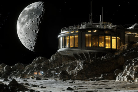 A futuristic lunar base sits on the moon's rocky surface, illuminated under a crescent moon at night.の写真素材