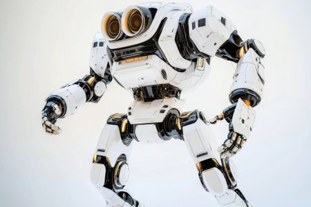 A futuristic robot stands in a dynamic pose, highlighting its advanced mechanics and sleek design.の写真素材