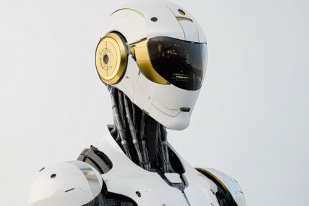 This humanoid robot showcases a sleek design with metallic accents in a bright, minimalist environment.の写真素材