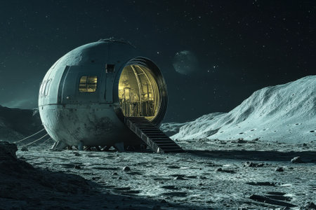 A futuristic habitat module illuminates the surface of a moon at night, surrounded by craters and stars.の写真素材