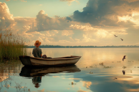 A young boy sits quietly in a small boat, fishing as the sun sets over a tranquil lake, with birds flying above.の写真素材